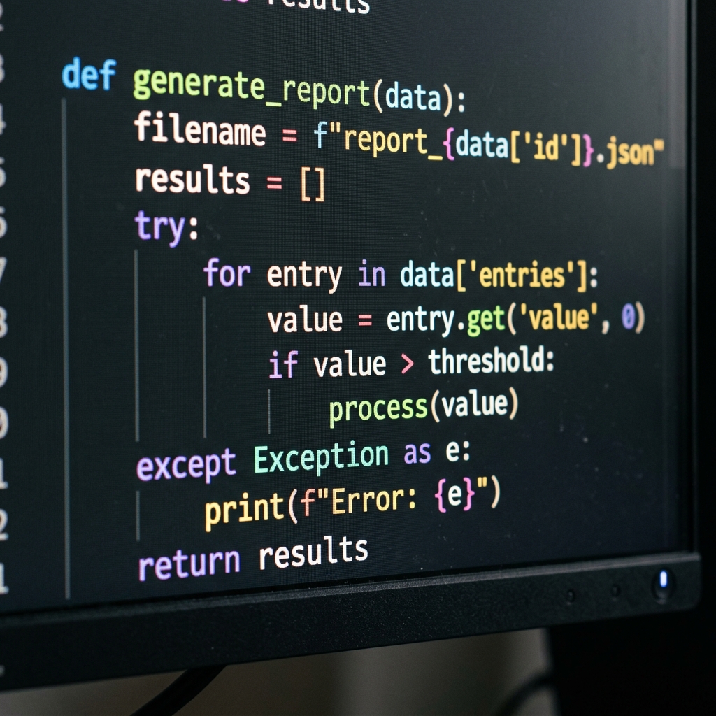 A close up of a computer monitor displaying glowing colorful code syntax on a dark background, high resolution, macro photography, no humans